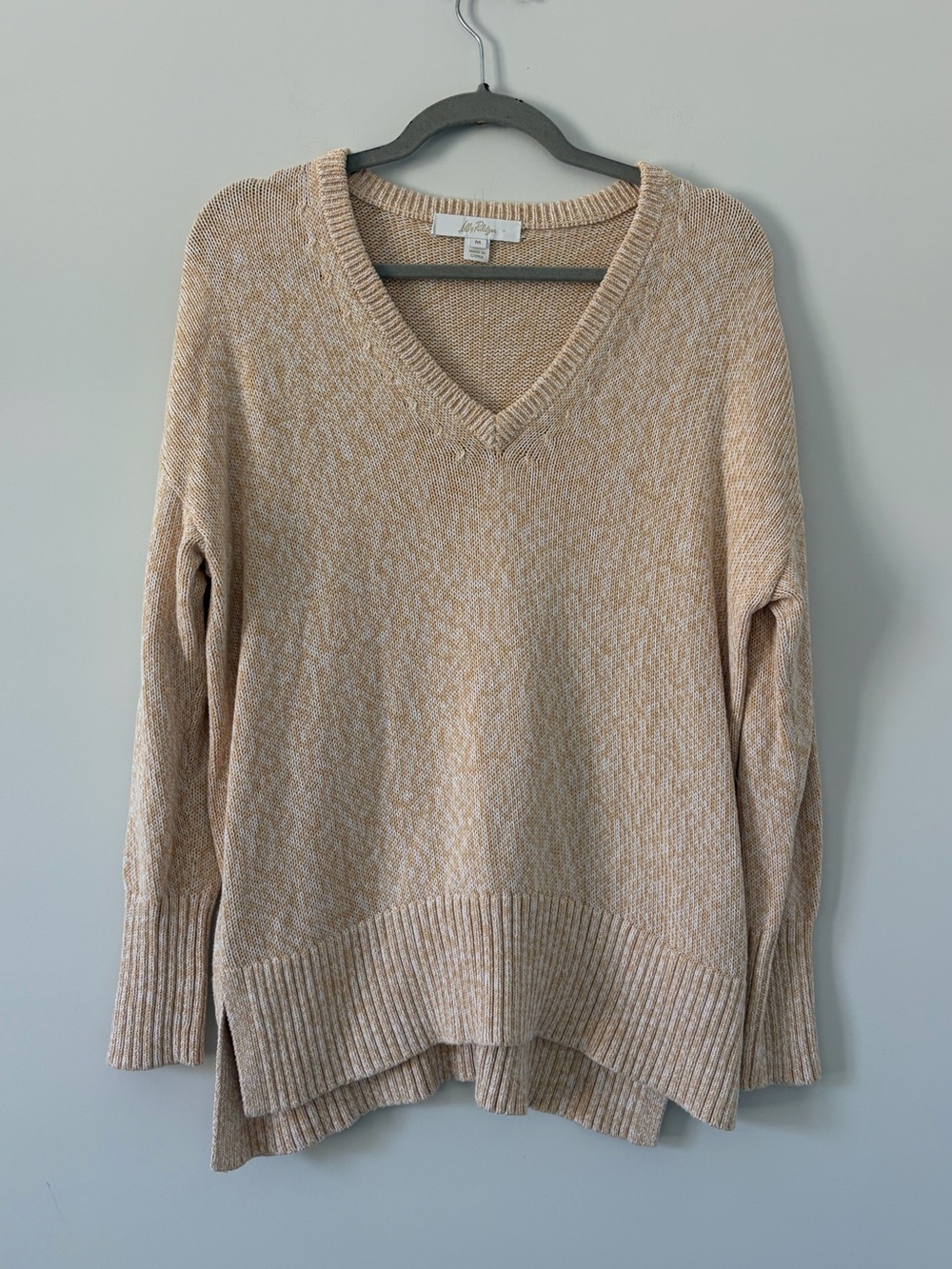 Lilly Pulitzer Bedford Wicker Tan Marled Knit Oversized V Neck Cotton Sweater M